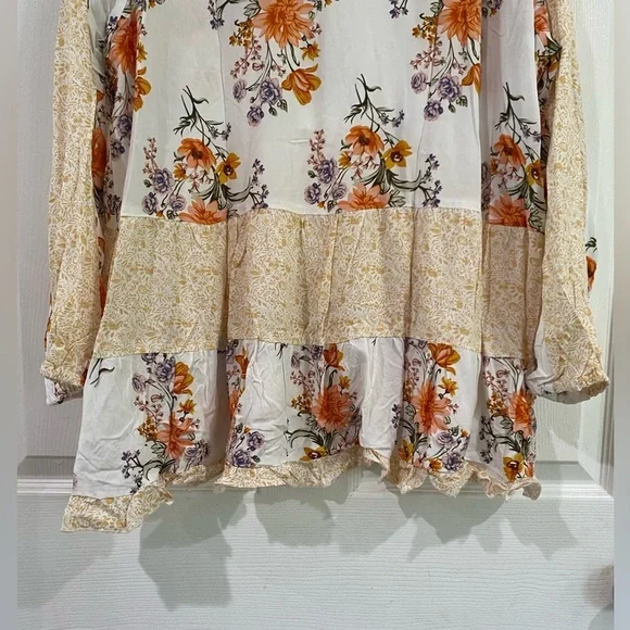 Bohemian White Floral Top Boutique Viscose Long Sleeve Flowy - Picture 7 of 9